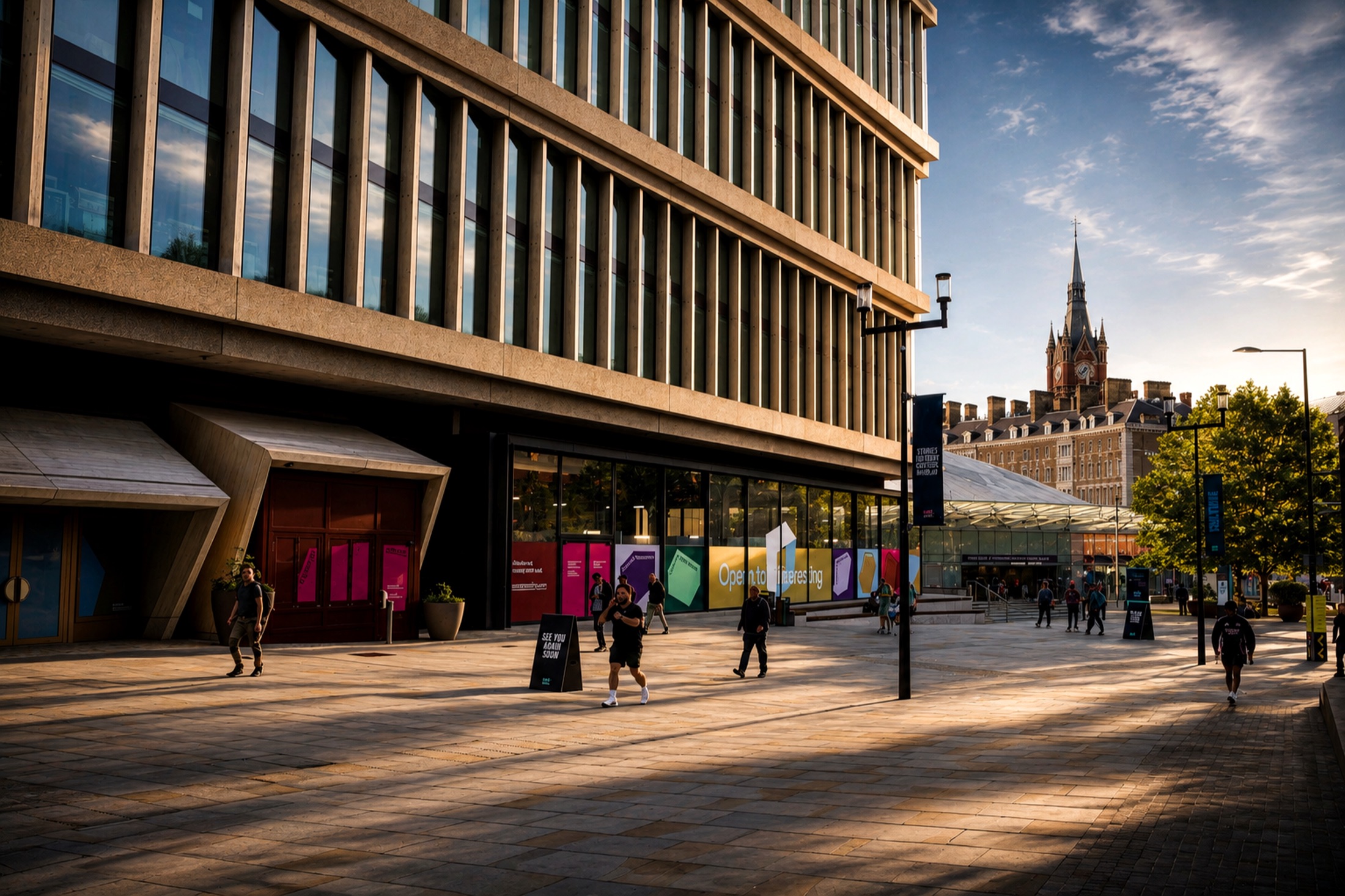 A commercial district at golden hour — people crossing an open plaza between mixed-use buildings.