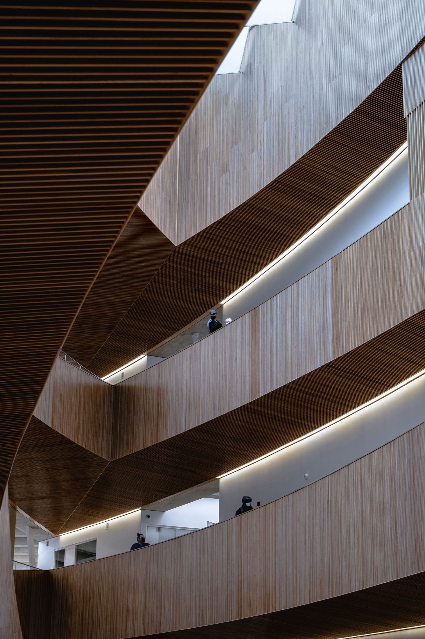 The warm timber interior of a contemporary building, angular layered balconies stepping up in soft light with figures on each level.